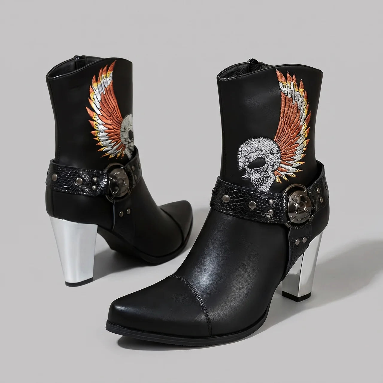 EKON Embroidered Skull Moto Ankle Boots Black