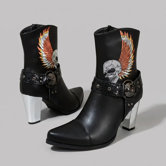 EKON Embroidered Skull Moto Ankle Boots Black