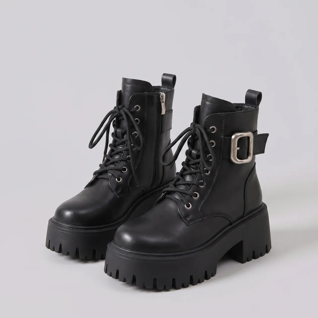 EKON Buckle Platform Moto Ankle Boots Black
