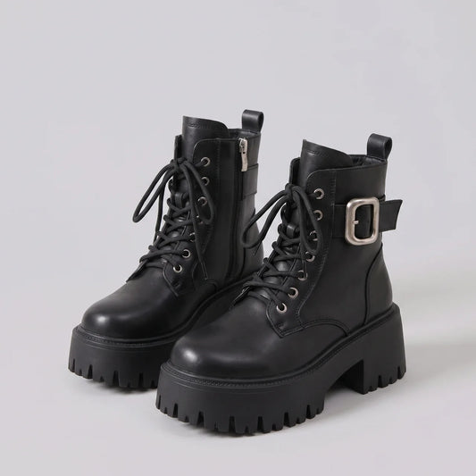 EKON Buckle Platform Moto Ankle Boots Black