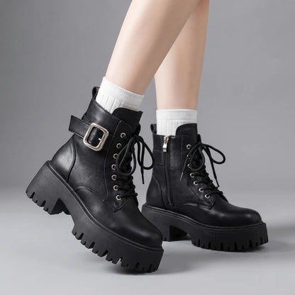EKON Buckle Platform Moto Ankle Boots