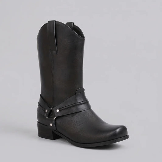 EKON Women's Western Moto Mid-Calf Boots Black