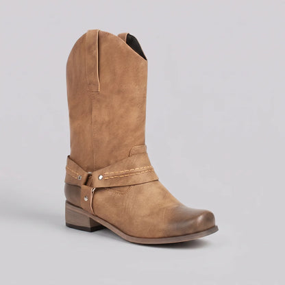 EKON Women's Western Moto Mid-Calf Boots Brown