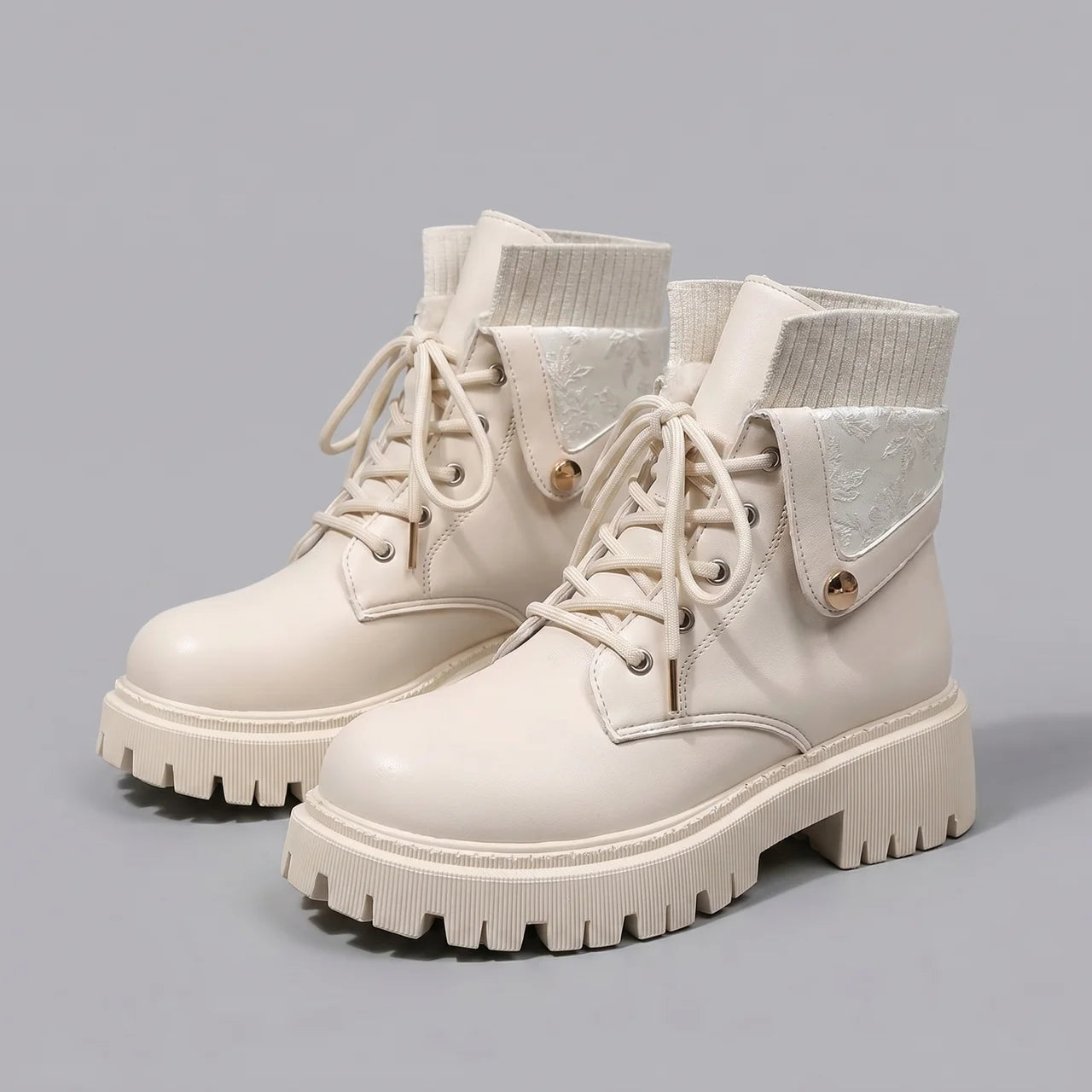 EKON Floral Print Lace-Up Moto Boots White