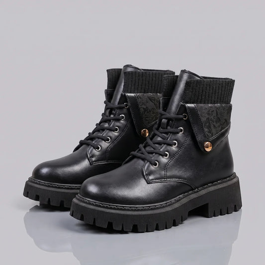 EKON Floral Print Lace-Up Moto Boots Black