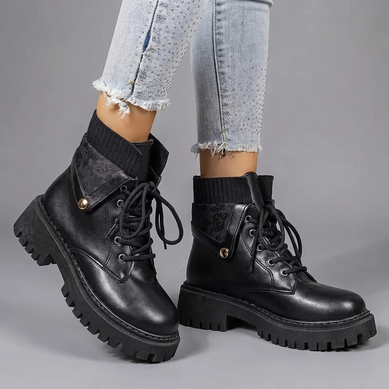EKON Floral Print Lace-Up Moto Boots