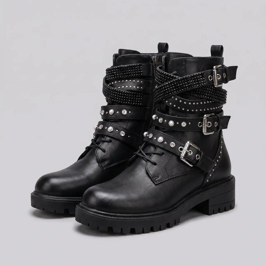 EKON Studded Buckle Moto Combat Boots