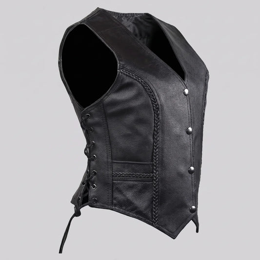 EKON Women's Lace-Up Leather Moto Vest