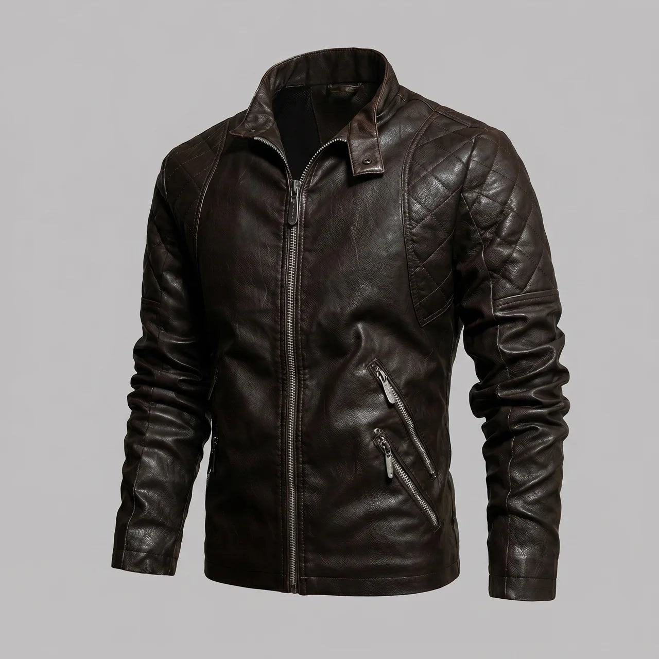EKON Quilted Vintage Moto Jacket Coffee