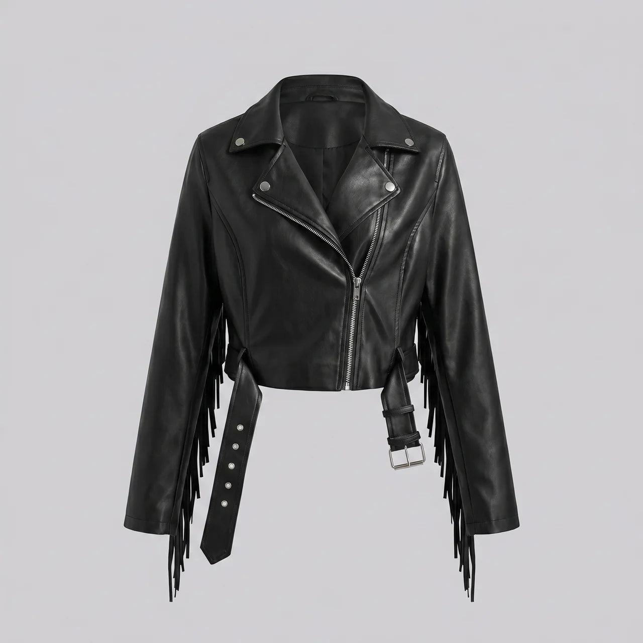 EKON Fringe Cropped Moto Jacket