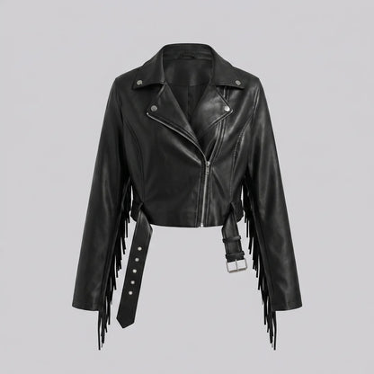 EKON Fringe Cropped Moto Jacket