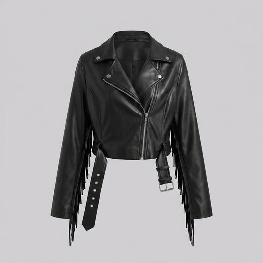 EKON Fringe Cropped Moto Jacket