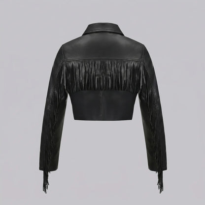 EKON Fringe Cropped Moto Jacket