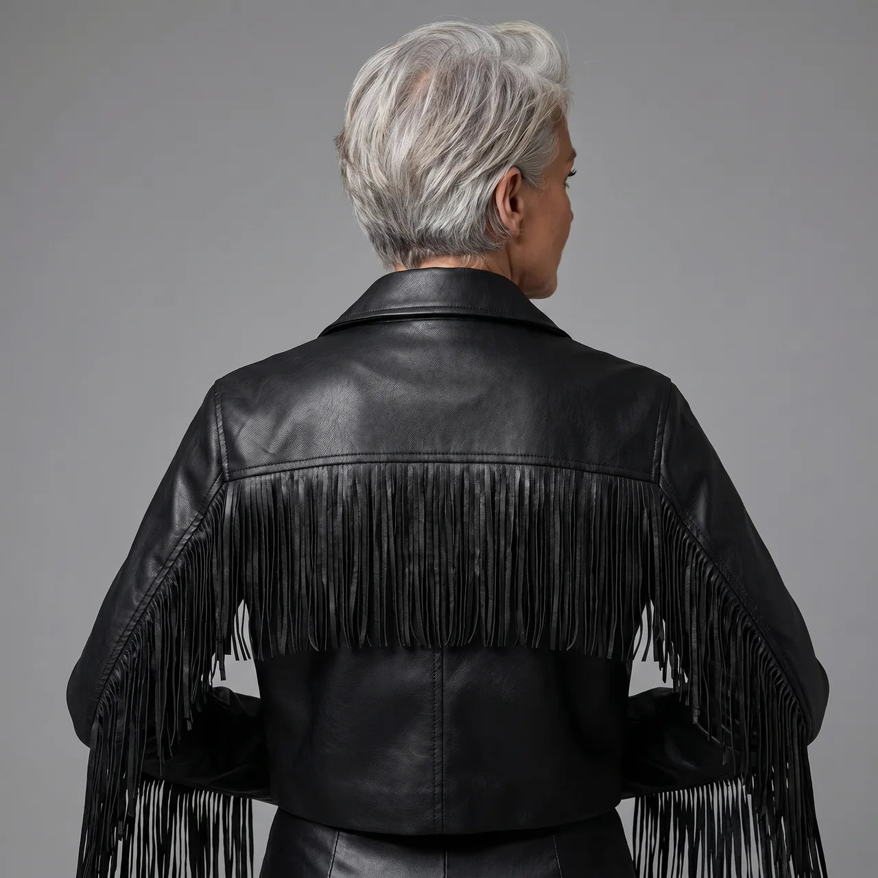 EKON Fringe Cropped Moto Jacket