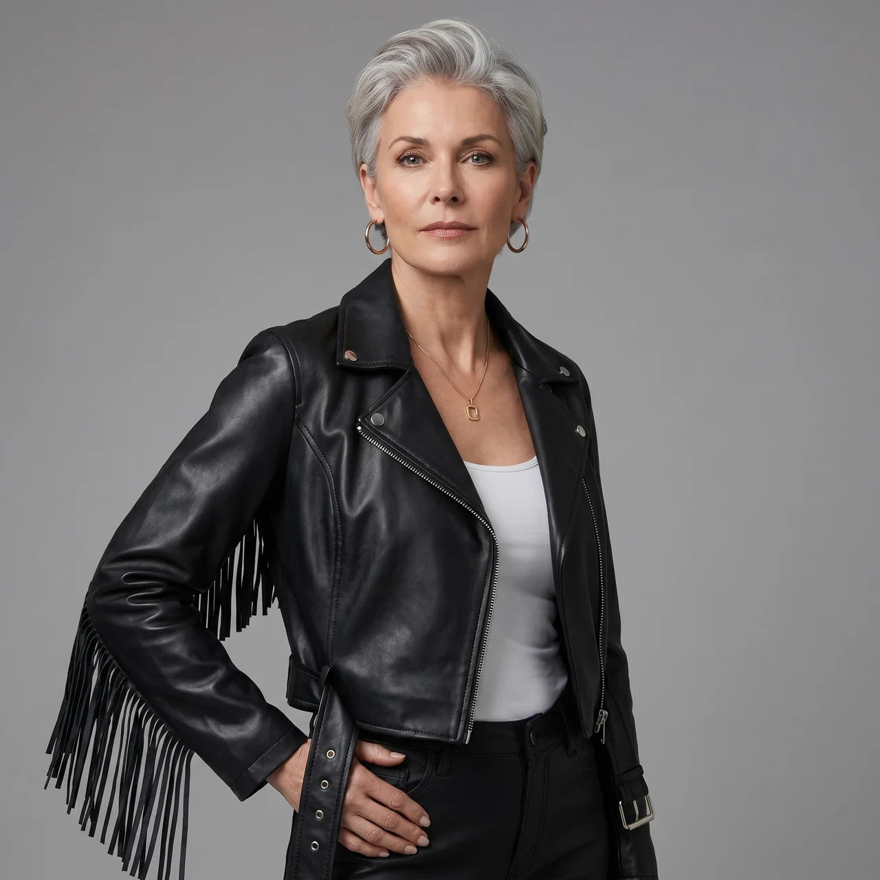 EKON Fringe Cropped Moto Jacket