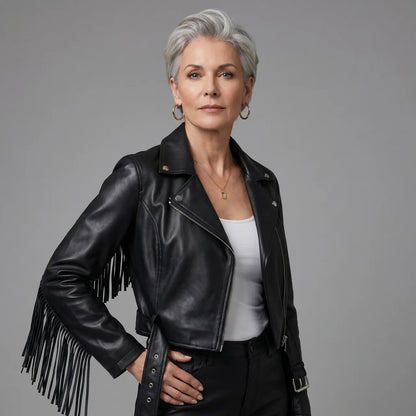 EKON Fringe Cropped Moto Jacket