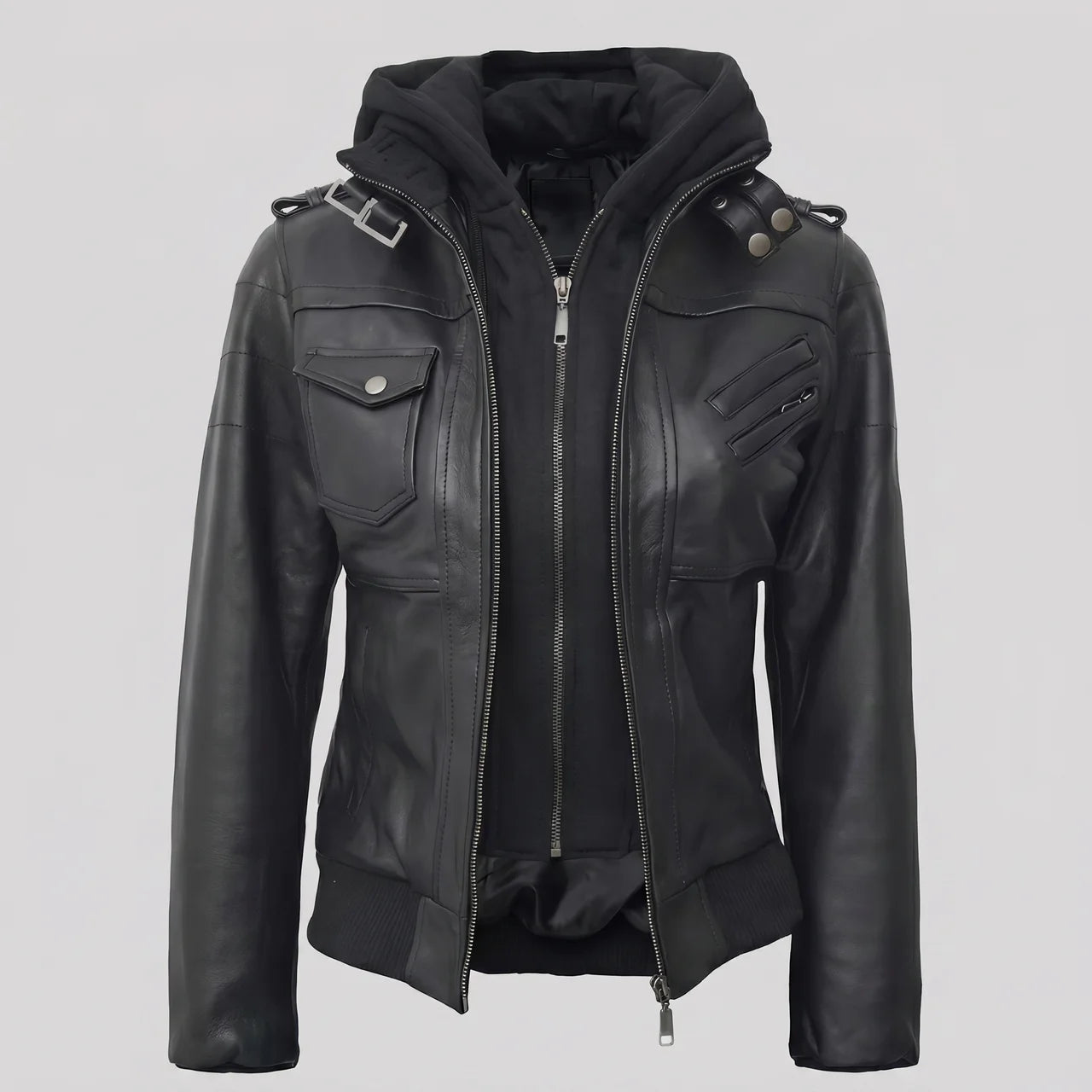 EKON Women’s Layered-Hood Moto Jacket Black