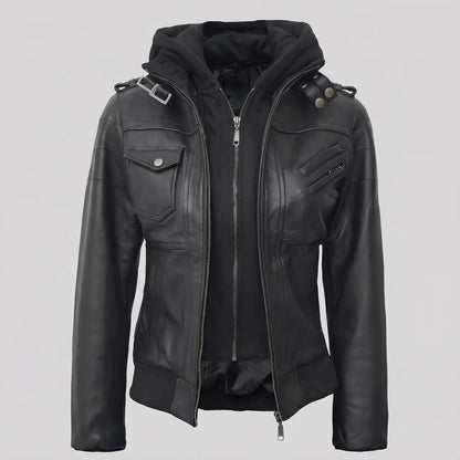 EKON Women’s Layered-Hood Moto Jacket Black
