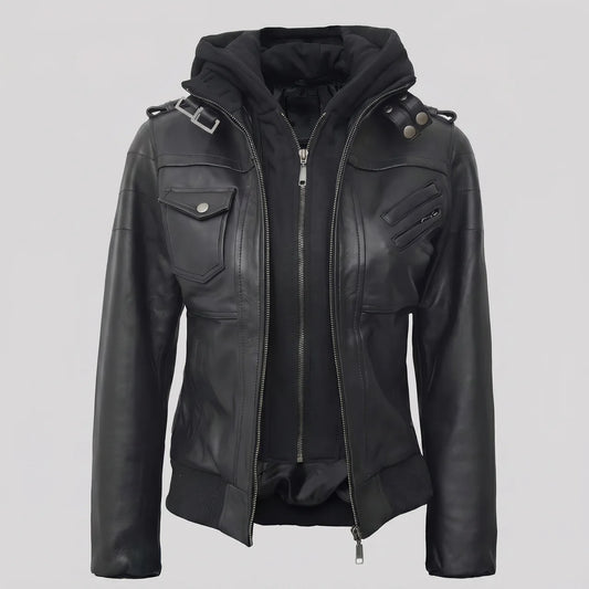 EKON Women’s Layered-Hood Moto Jacket Black