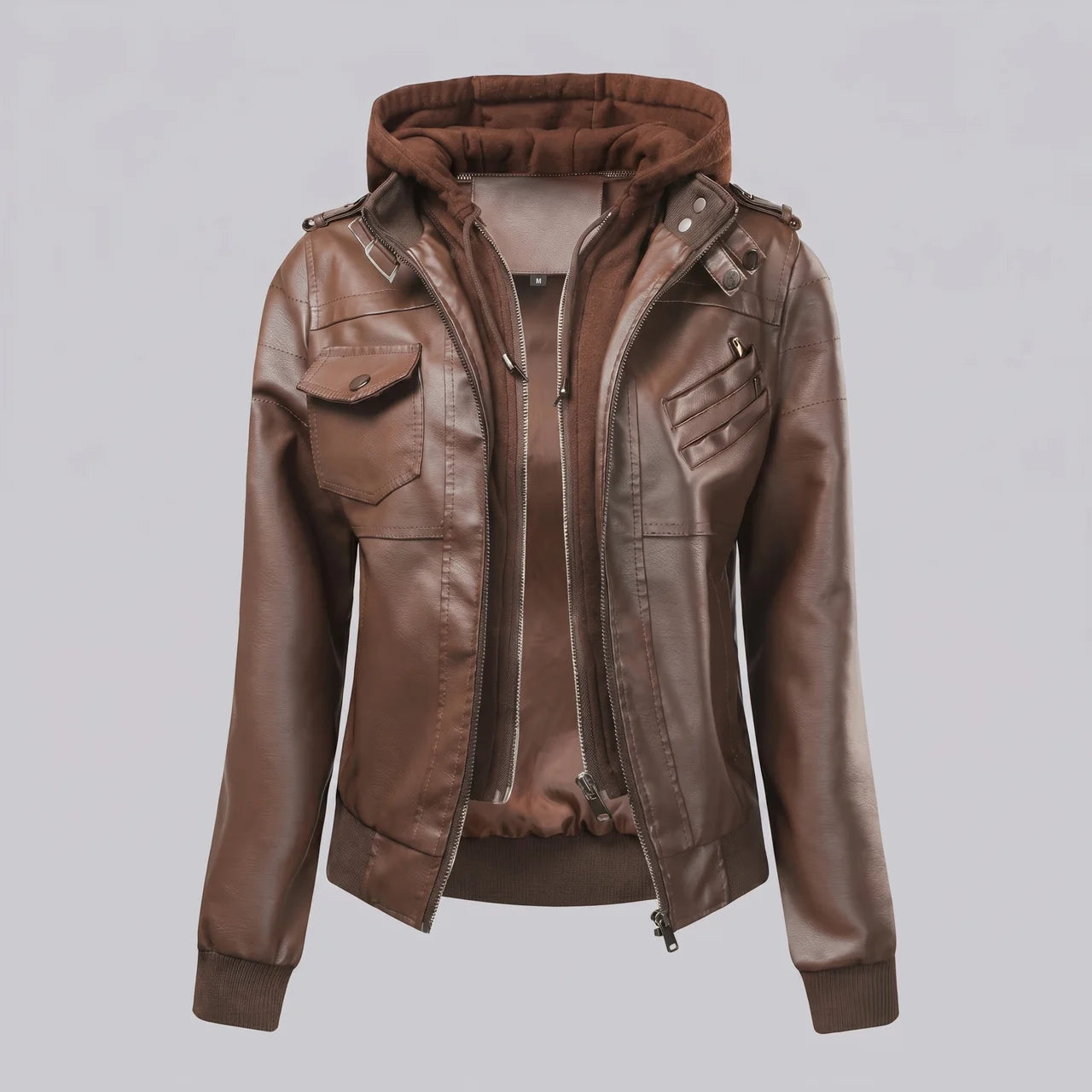 EKON Women’s Layered-Hood Moto Jacket Coffee