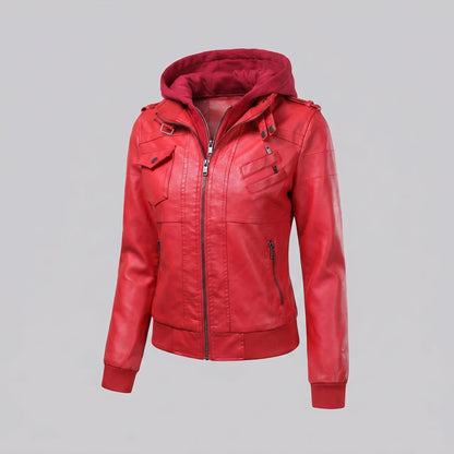 EKON Women’s Layered-Hood Moto Jacket Red