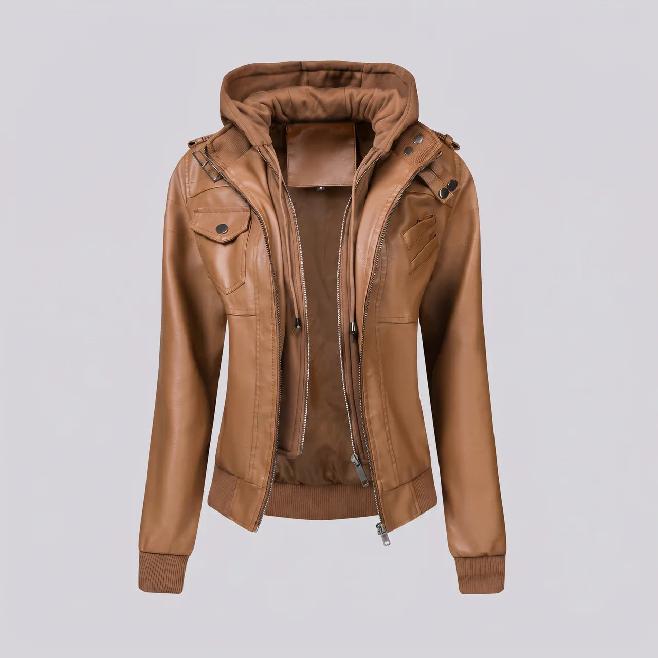 EKON Women’s Layered-Hood Moto Jacket Camel