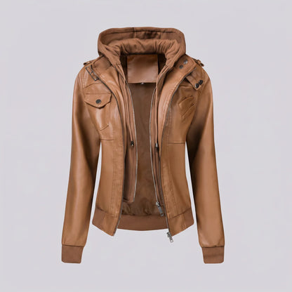 EKON Women’s Layered-Hood Moto Jacket Camel