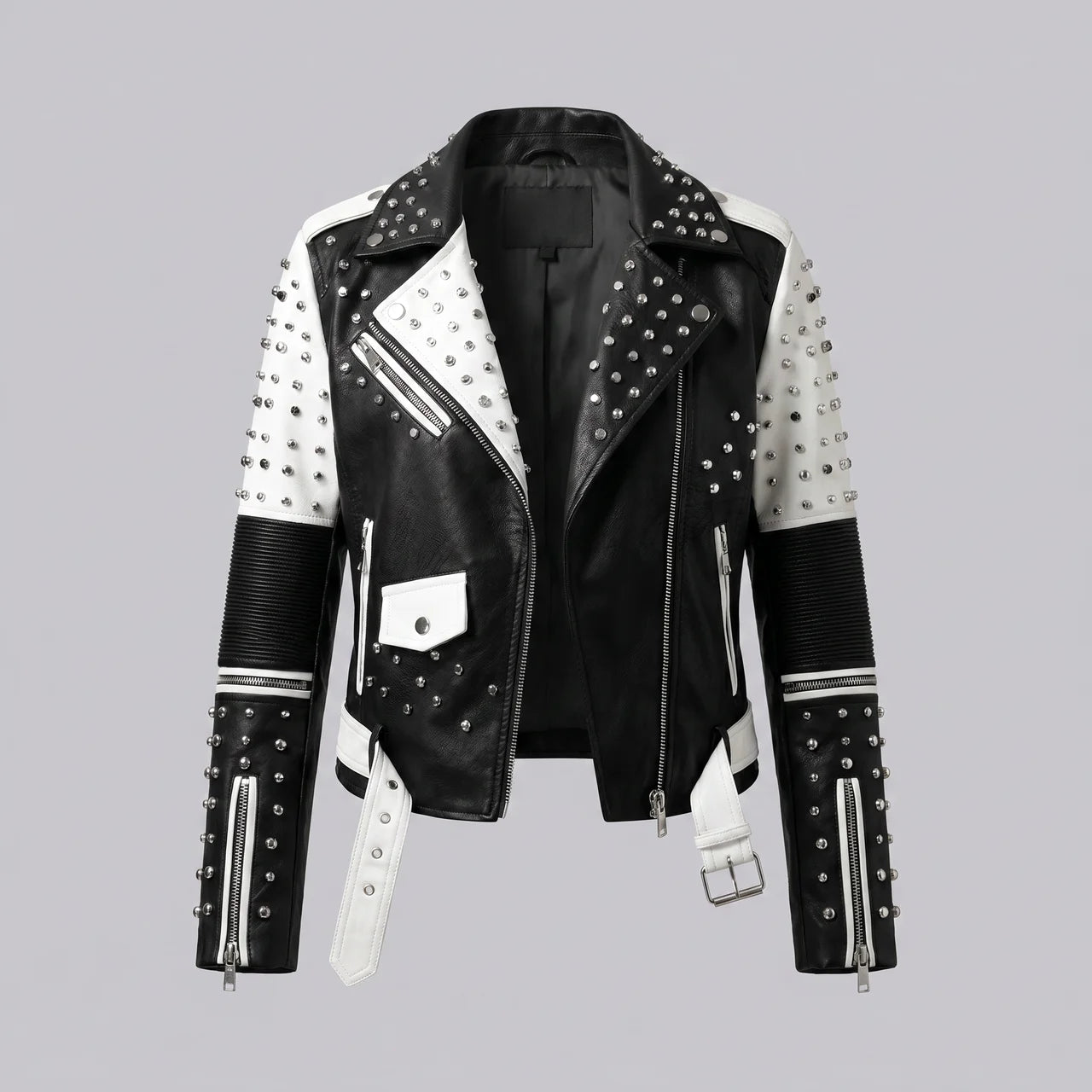 EKON Women’s Bicolor Studded Moto Jacket Black