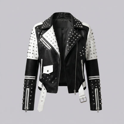 EKON Women’s Bicolor Studded Moto Jacket Black