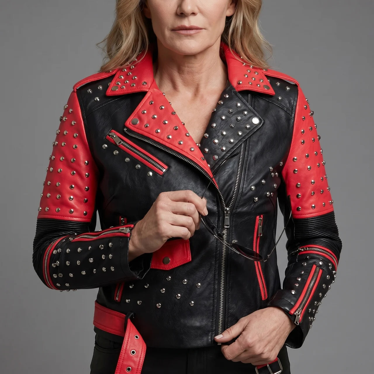EKON Women’s Bicolor Studded Moto Jacket Red