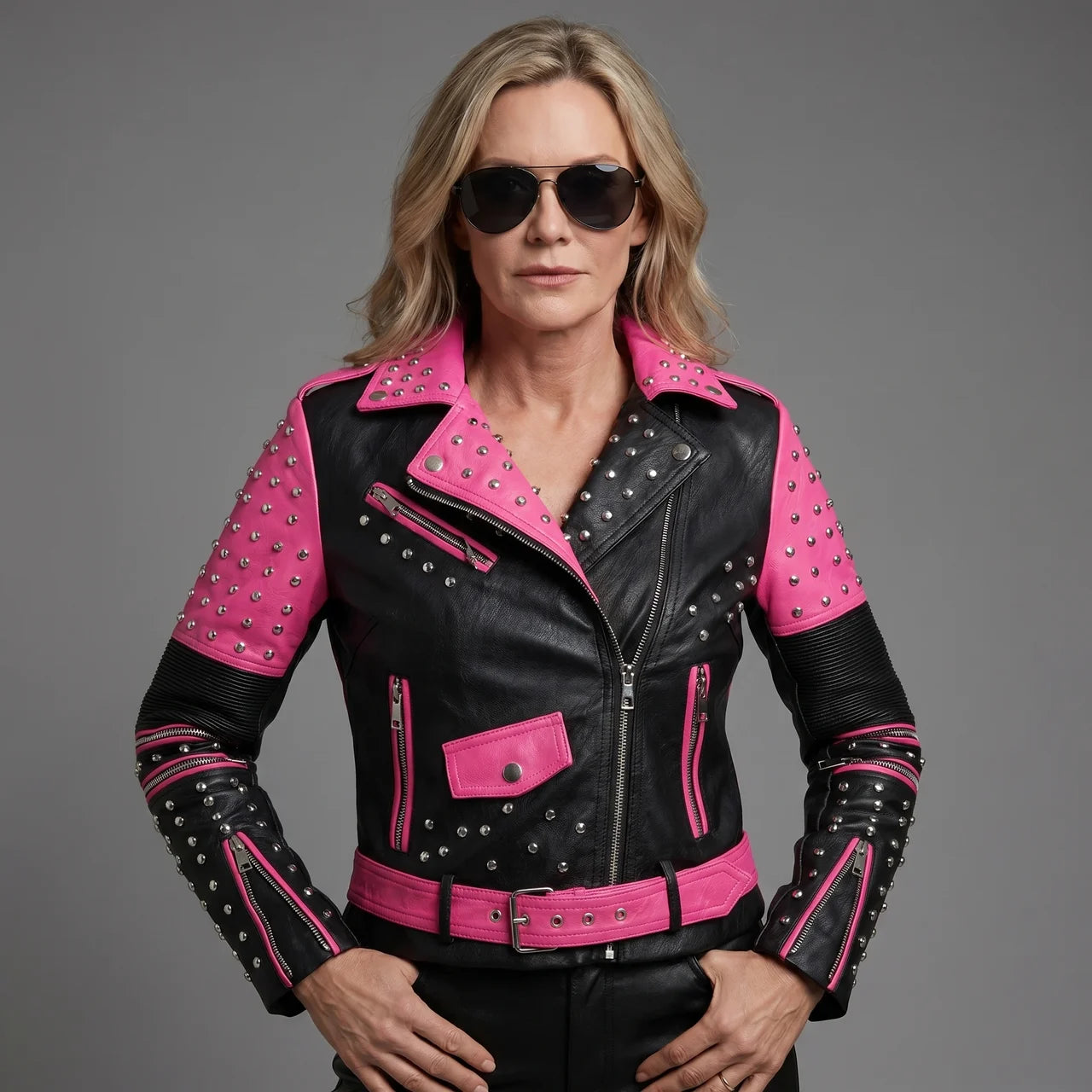 EKON Women’s Bicolor Studded Moto Jacket Pink