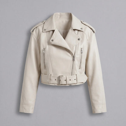 EKON Women’s Belted Cropped Moto Jacket Beige