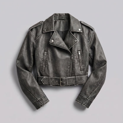 EKON Women’s Belted Cropped Moto Jacket Dark Gray