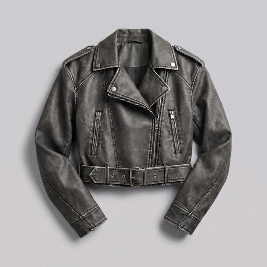 EKON Women’s Belted Cropped Moto Jacket Dark Gray