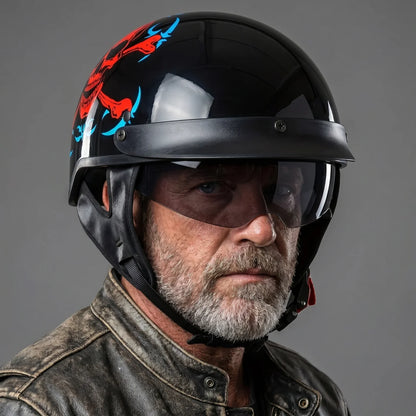 EKON Skull-Graphic Visor Half Helmet