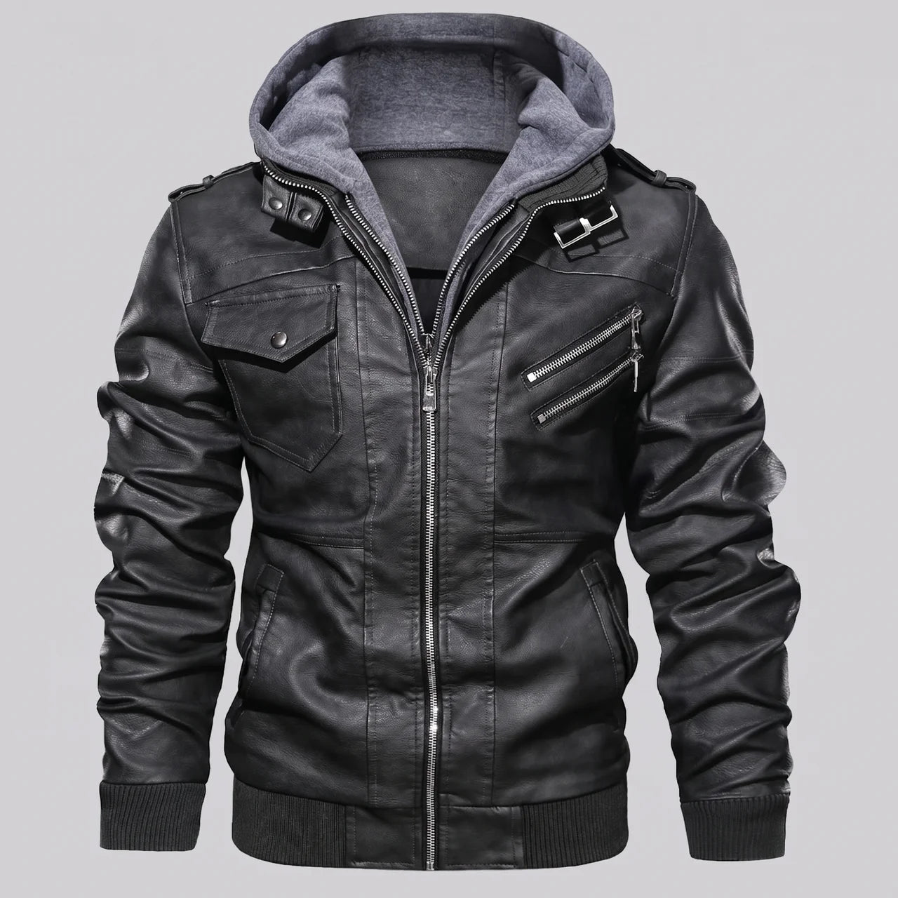 EKON Detachable Hood Moto Jacket Black