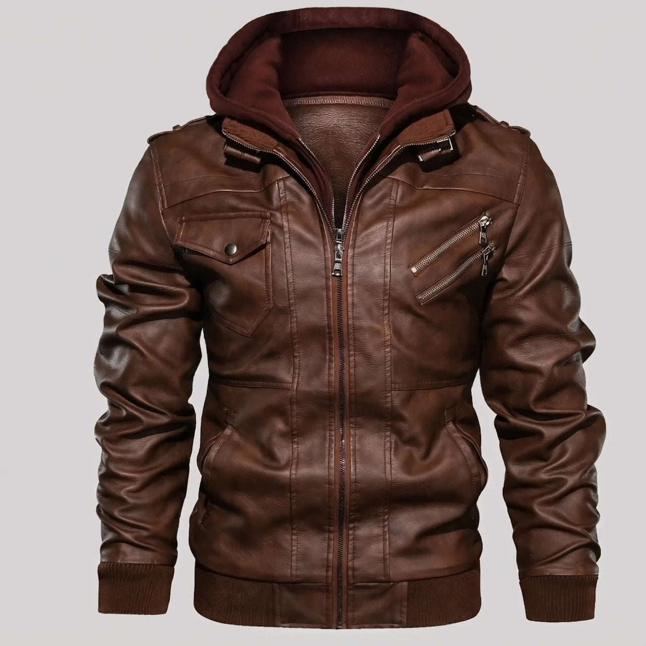 EKON Detachable Hood Moto Jacket Brown