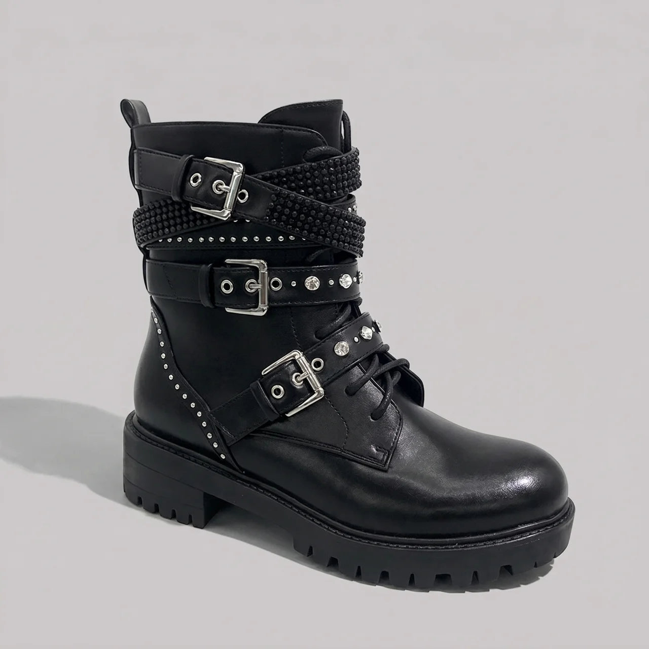 EKON Studded Buckle Moto Combat Boots