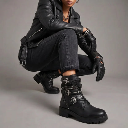 EKON Studded Buckle Moto Combat Boots