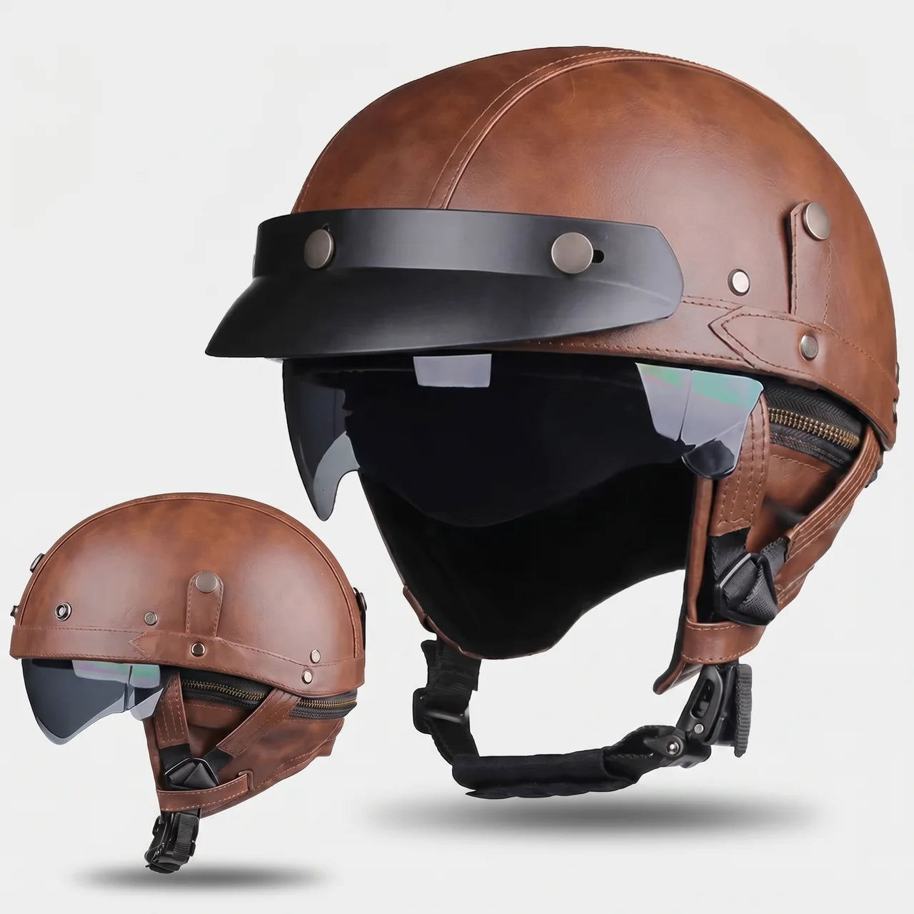 EKON Retro Visor Half Helmet Brown