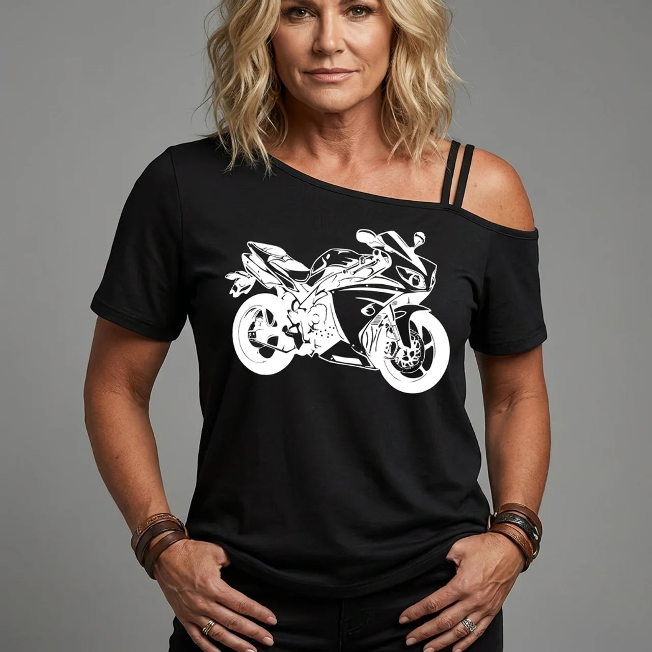 EKON Women’s Moto Graphic Cold-Shoulder Tee