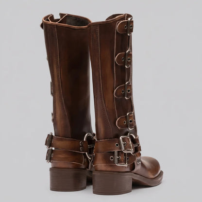 EKON Women’s RebelBuckle Leather Biker Boots