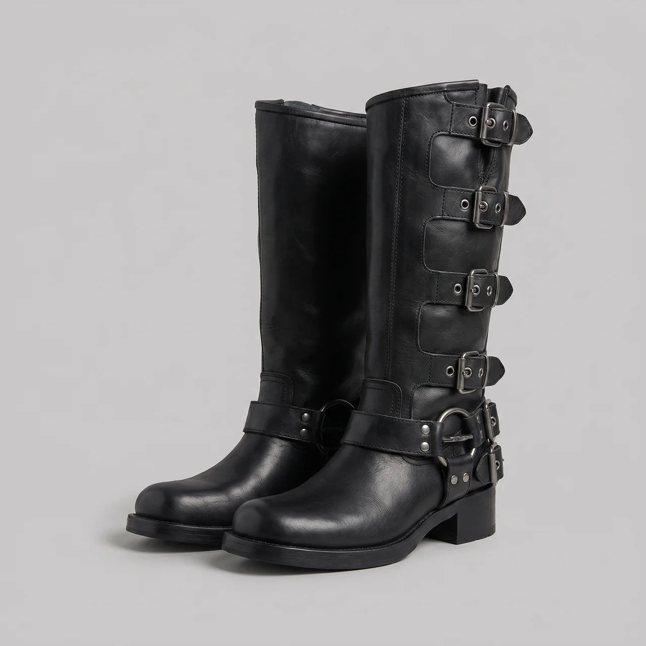 EKON Women’s RebelBuckle Leather Biker Boots Black