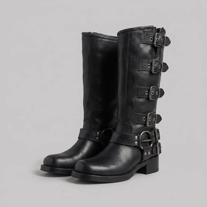 EKON Women’s RebelBuckle Leather Biker Boots Black