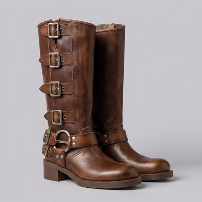 EKON Women’s RebelBuckle Leather Biker Boots Brown