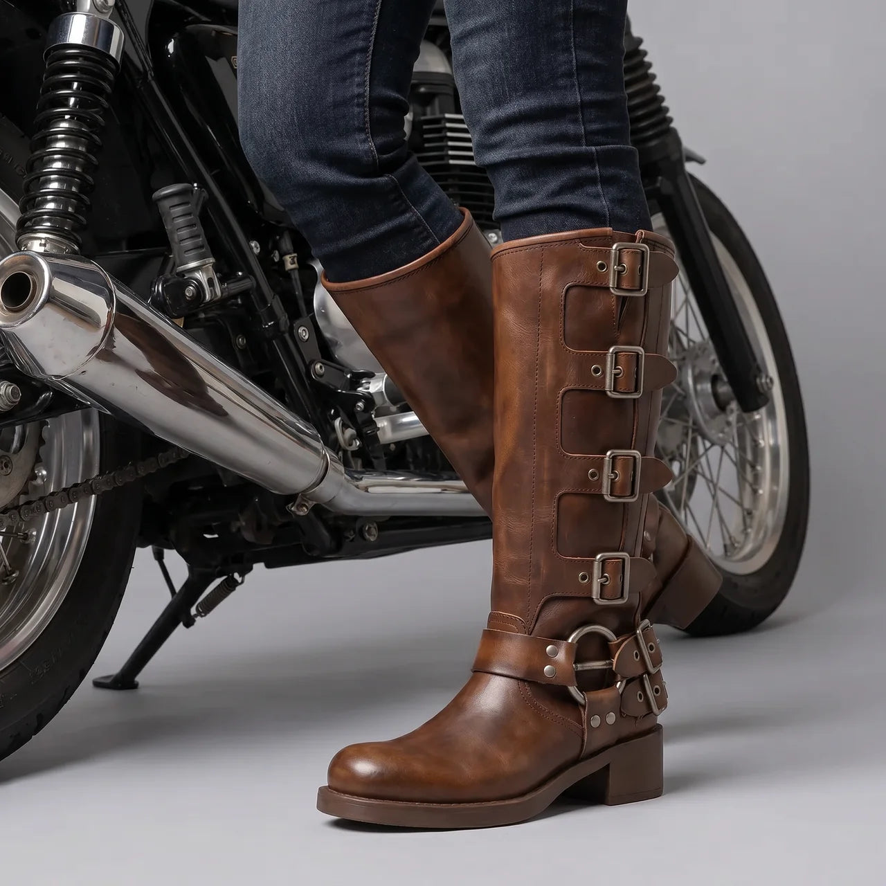 EKON Women’s RebelBuckle Leather Biker Boots