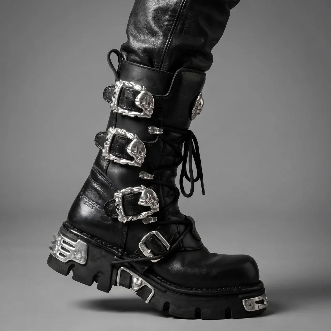 EKON Leather IronSkull Platform Biker Boots