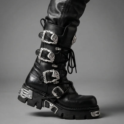 EKON Leather IronSkull Platform Biker Boots