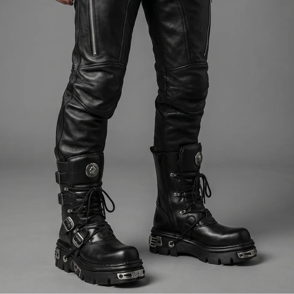 EKON MetalForge Leather Platform Biker Boots