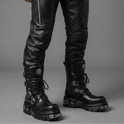EKON MetalForge Leather Platform Biker Boots